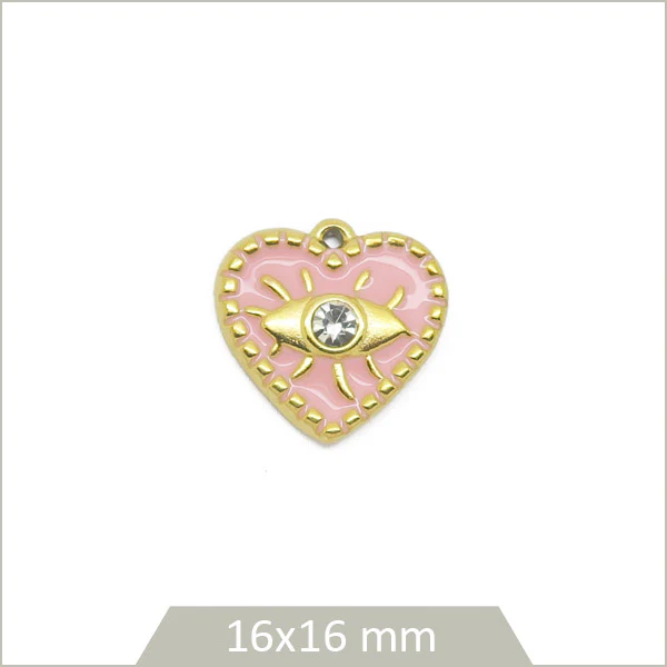1 breloque cœur rose œil acier inoxydable doré – Image 2